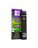 A black vape pen rests beside the purple and green "Midnight Melona" packaging, showcasing a THC-H and Delta-8 blend. Crafted for a refined experience, the hemp-derived THCH disposable vape pen is part of Eighty Six Brand's 2g disposables.