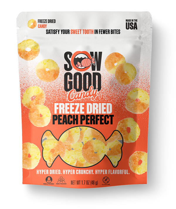 A package of Sow Good Inc's Freeze Dried Peach Rings features peach rings against an orange backdrop. The text emphasizes that these hyper dried, crunchy sweet treats are bursting with flavor and made in the USA.