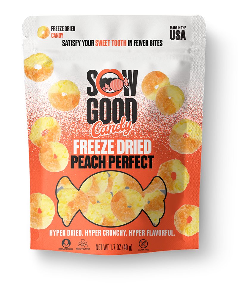 A package of Sow Good Inc's Freeze Dried Peach Rings features peach rings against an orange backdrop. The text emphasizes that these hyper dried, crunchy sweet treats are bursting with flavor and made in the USA.