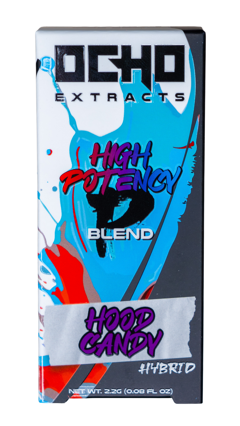 The Ocho Extracts P Blend, a 2.2g High Potency Disposable labeled "Hood Candy THCP," features a colorful design emphasizing its high potency status.