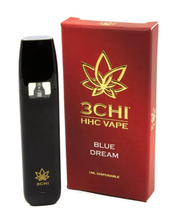 A sleek black vape pen lies next to a red box with a gold "3Chi" logo, labeled "3Chi HHC Disposable Vapes | 1g." Explore premium HHC vapes at the Best Vape USA CBD Expo for a unique experience.