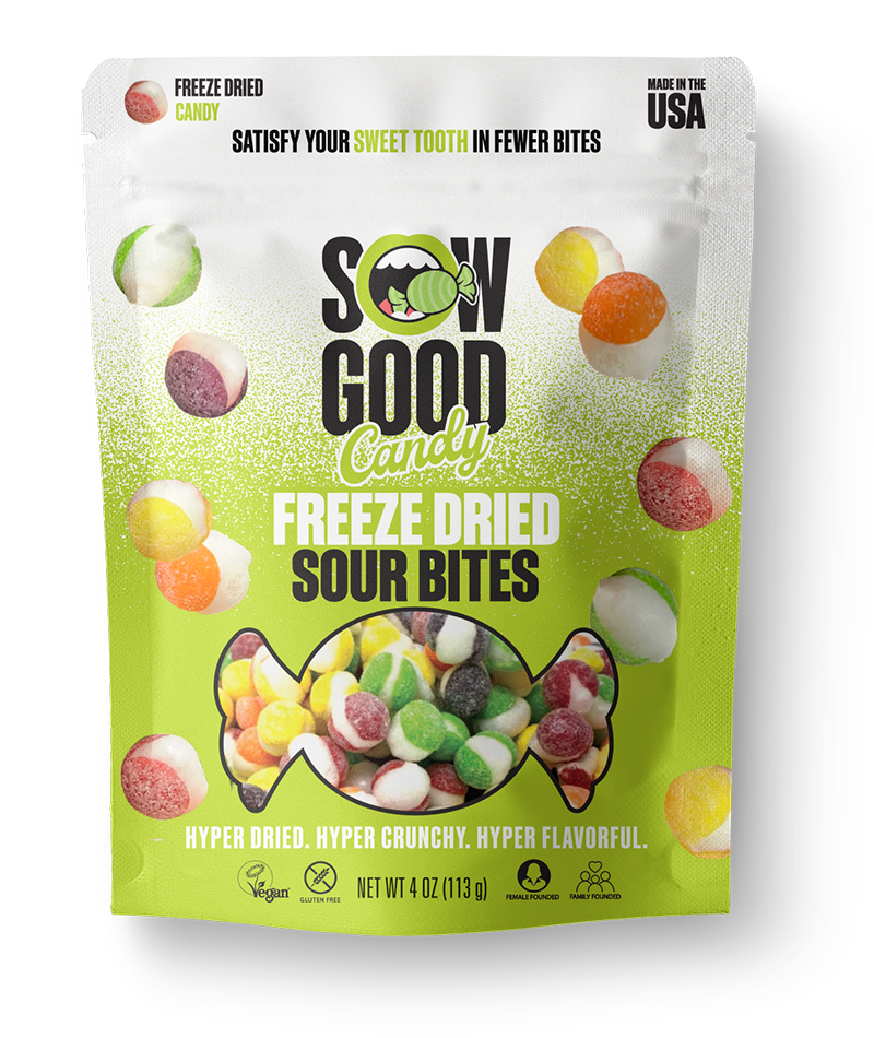 A bag of Freeze Dried Sour Skittles from Sow Good Inc, featuring green and white packaging that showcases colorful Sour Bites. The highlights on the package include its vegan nature, hyper crunchy texture, and being made in the USA.