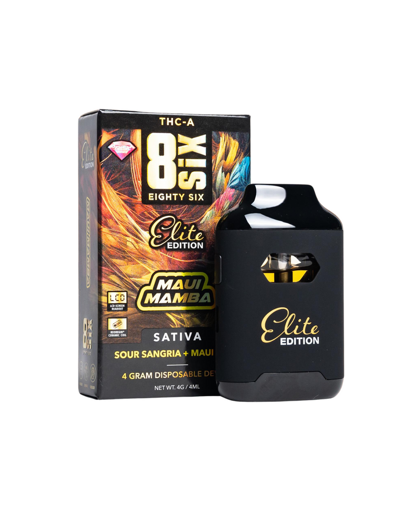 A box and a matching cartridge labeled "Elite Edition" and "Maui Mamba" with THC-A and "Eighty Six Brand" branding. The strain is "Sour Sangria + Maui Mamba," contained in a rechargeable device with 4 grams or 4 mL of Delta-8 THC, specifically known as Eighty Six Brand Elite Edition THCA Disposables | 4g.