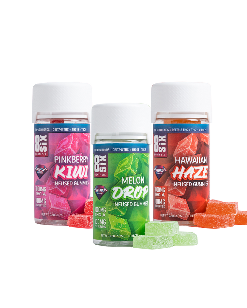 Three containers of Eighty Six Brand THC-A Gummies (1000mg) are shown: Pinkberry Kiwi, Melon Drop, and Hawaiian Haze, each with matching colored gummy pieces infused with Delta 8.