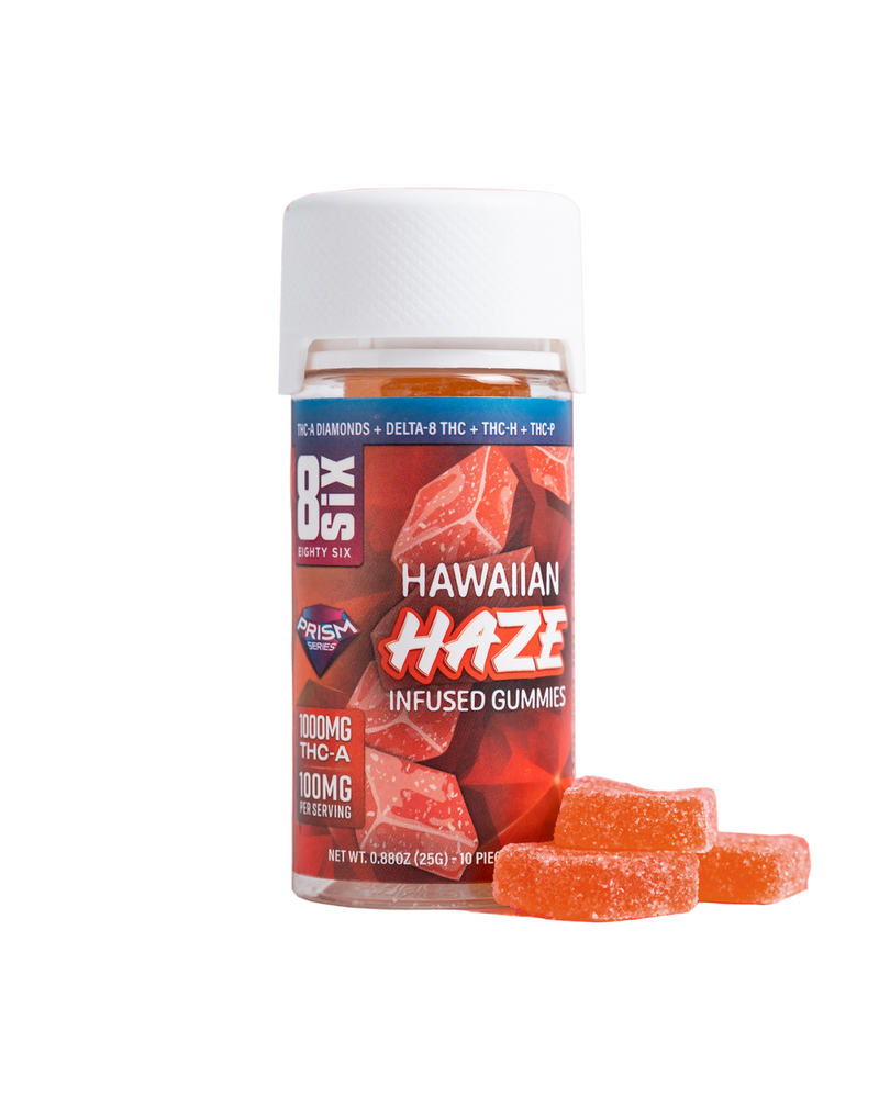 The "Eighty Six Brand THC-A Gummies | 1000mg" by Eighty Six Brand features vibrant orange gummy squares labeled as "Hawaiian Haze Infused Gummies," offering a tropical retreat with 1000mg THC-A and 100mg Delta-8 THC from hemp.