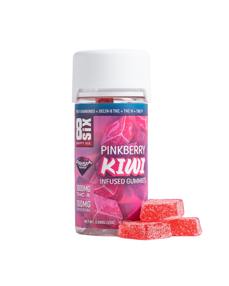 A bottle of Eighty Six Brand THC-A Gummies | 1000mg with hemp-derived THC content and several red gummies in front.