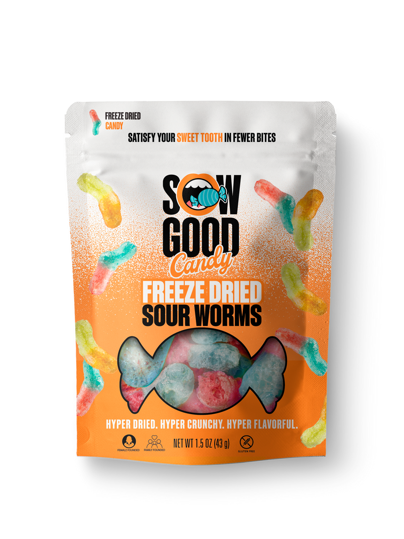 A 1.5 oz (43 g) bag of Sow Good Candy from Sow Good Inc featuring Freeze Dried Gummy Worms, labeled with phrases "Satisfy your sweet tooth in fewer bites" and "Hyper dried. Hyper crunchy. Hyper flavorful." Perfect for those craving the tang of sour worms with the unique texture of freeze-dried gummy worms!