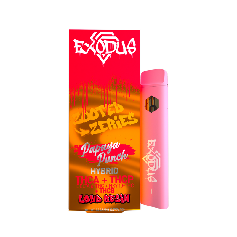 Image of a pink disposable vape pen next to a package labeled "Exodus Zooted THCA Disposable | 2.2g" with details including "HYBRID THC-A + THC-P Delta-8 THC, HXY10-THC, THCB, LOUD RESIN," and features premium cannabinoids for an elevated experience by Exodus.