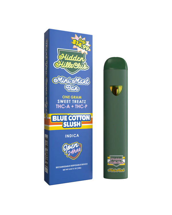 A green Hidden Hills Mini Mart Sweet Treatz Disposable (1g) vape pen and its box from Hidden Hills, labeled with THC-A and THCP.
