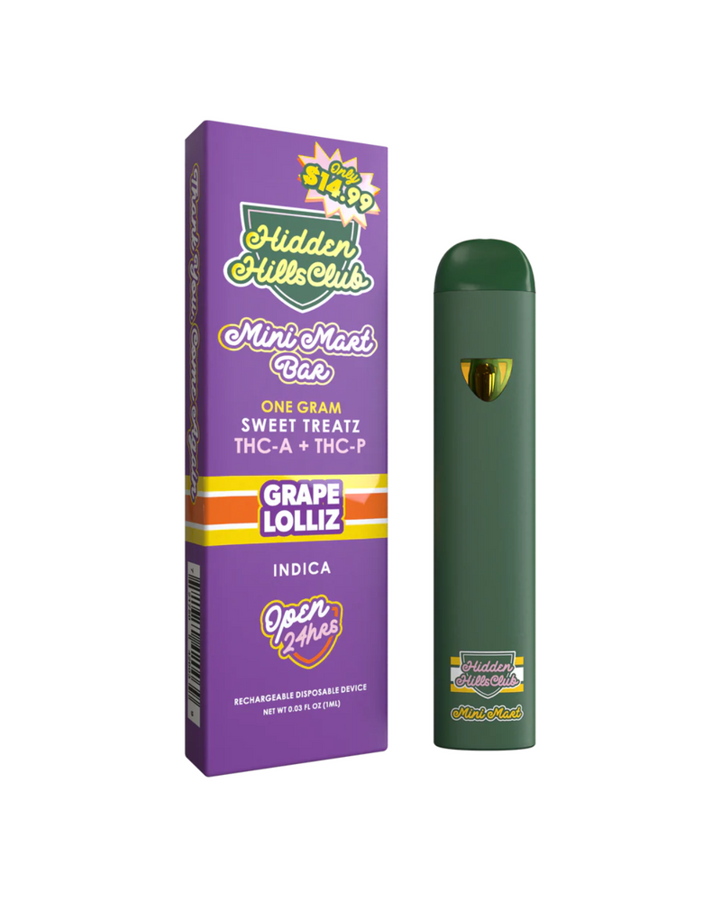 A green Hidden Hills Mini Mart Sweet Treatz Disposable vape pen stands next to its colorful box labeled "Hidden Hills, Sweet Treatz, 1g.”.