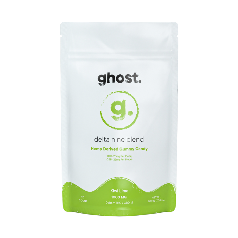 The Ghost Delta 9 Gummies by brand Ghost come in a white pouch labeled "Ghost Delta Nine Blend" and contain kiwi lime flavored, hemp-derived Delta 9 gummies. Each pouch holds 20 pieces, delivering a total of 1000mg of THC and CBD.