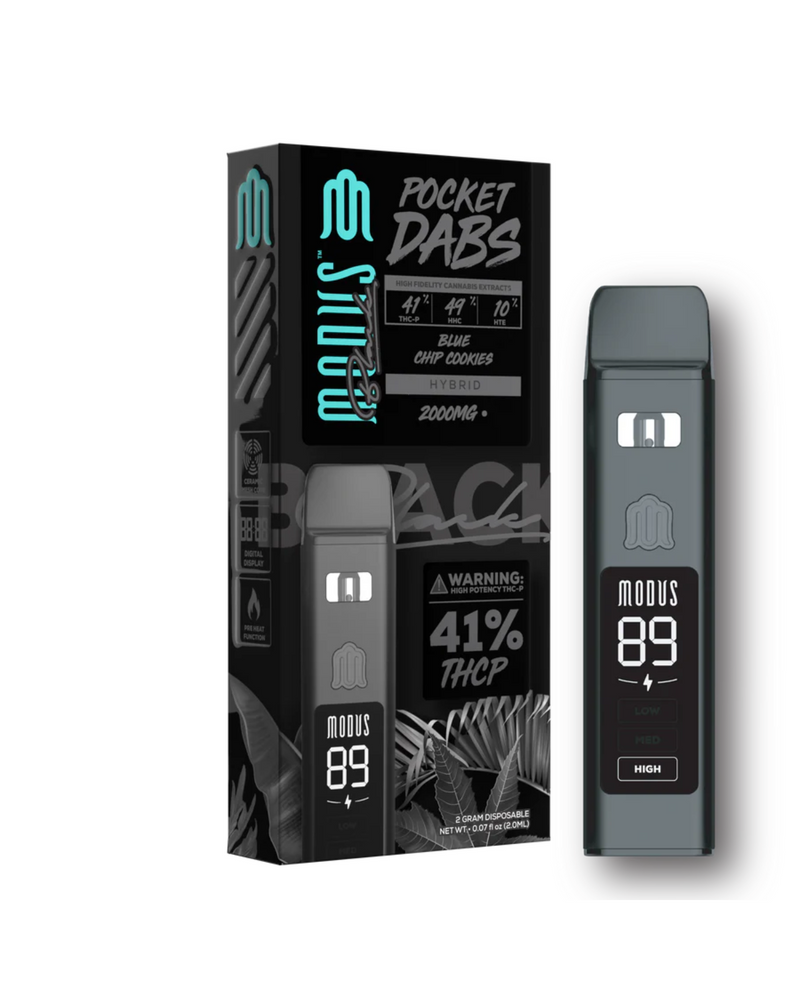 Packaging for the Modus Black Pocket Dabs Disposable | 2g highlights a modern design with its sleek vape pen and prominently displays features like "2000MG" and "41% THCP" on the box, utilizing Ceramic Slow Heat Technology.