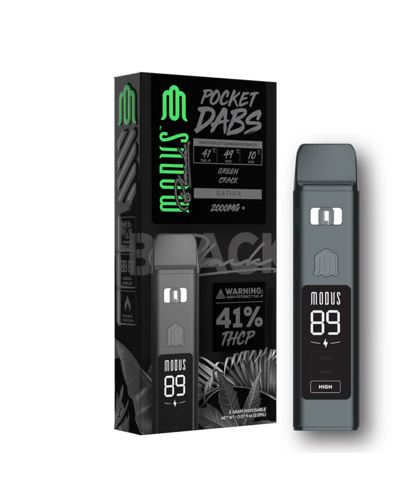 The Modus Black Pocket Dabs Disposable, with a 41% THCP concentration and 2000 mg capacity, includes packaging and a vape device for the Green Crack variant. This 2g disposable vape pen utilizes ceramic slow heat technology and comes in branded packaging featuring a warning label.