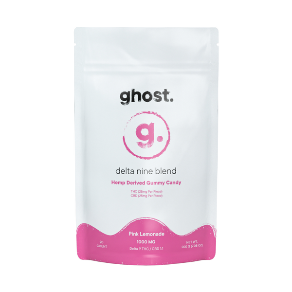 A white package labeled "Ghost Delta 9 Gummies | 1000mg" contains pink lemonade flavored hemp-derived gummy candy with a total dosage of 1000 mg. These Ghost Hemp Delta 9 Gummies, which include CBD, come in a pack of 20 gummies.