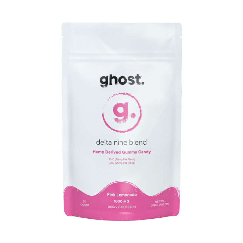 A white package labeled "Ghost Delta 9 Gummies | 1000mg" contains pink lemonade flavored hemp-derived gummy candy with a total dosage of 1000 mg. These Ghost Hemp Delta 9 Gummies, which include CBD, come in a pack of 20 gummies.