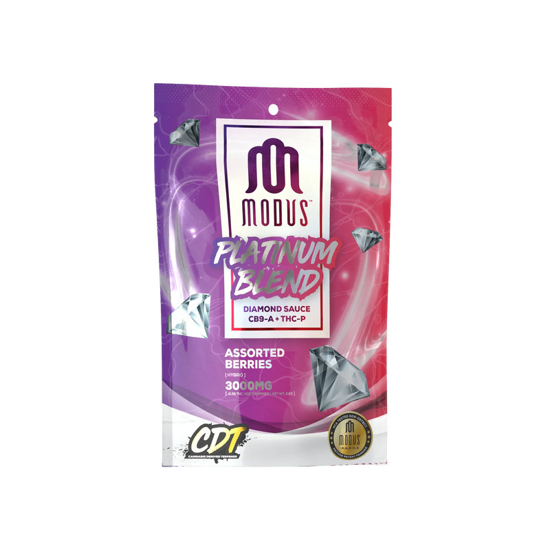 A package labeled "Modus Platinum Blend Gummies | 3000mg" from Modus features 3000mg of THC-P and CDT. The package boasts a captivating purple and pink gradient background adorned with diamond icons.