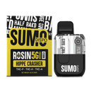 Image of a Half Bak'd THC-A SUMO Disposable vape device and its packaging. The packaging reads "Half Bak'd THC-A SUMO Disposable | 5g HIPPE CRASHER" and lists THC-P, THC-H, and THC-A live resin as ingredients.