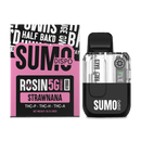 Image of Half Bak'd THC-A SUMO Disposable labeled "Strawnana," featuring a box with text and a vape device with the branding "Half Bak'd" and "Sumo Dispo." Contains THC-P, THC-H, and THC-A live resin. This 5g disposable vape includes a pre-heat button for optimal use.