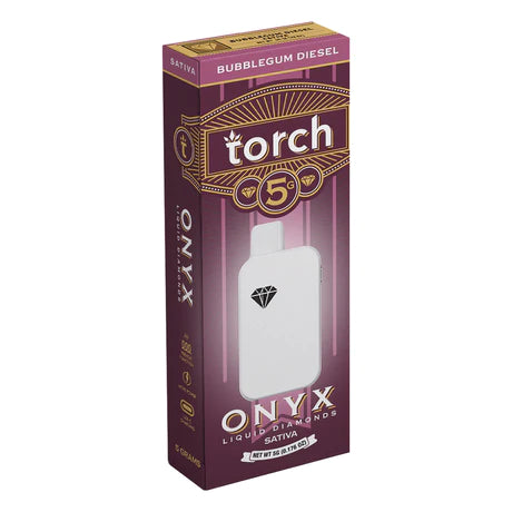 The Torch Onyx Liquid Diamonds THCA Disposable, a 5g product from the brand Torch, comes in maroon packaging with gold and white accents and features the "Bubblegum Diesel" flavor. Inside, you'll find a white device adorned with a diamond emblem. With cannabis-derived terpenes, it ensures a premium THC-A disposable vape experience.