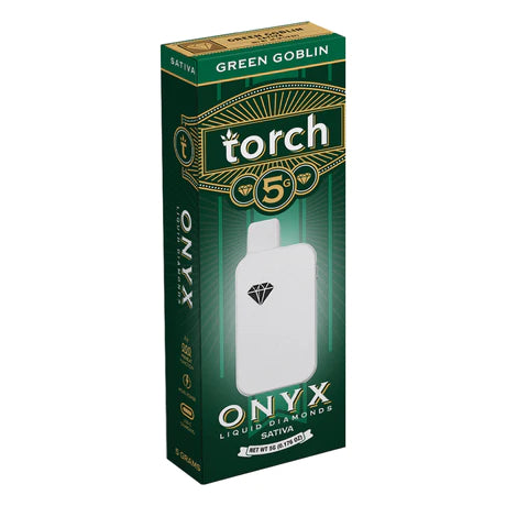 The Torch Onyx Liquid Diamonds THCA Disposable in a green and black package, branded as "Green Goblin" with a diamond icon and the number 5, delivers a premium experience through its blend of Cannabis-Derived Terpenes.