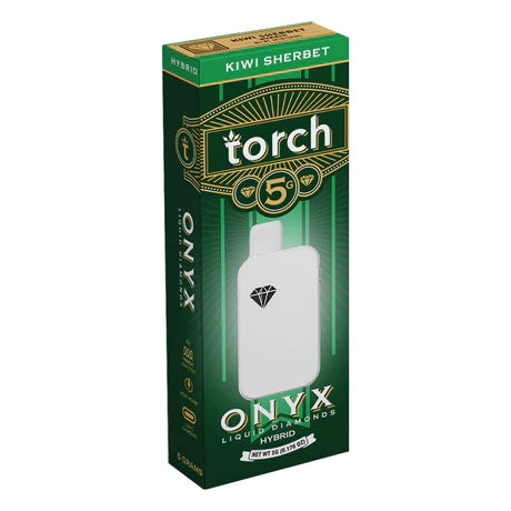 A box of Torch Onyx Liquid Diamonds THCA Disposable vape cartridge in the Kiwi Sherbet flavor, complete with cannabis-derived terpenes, showcases a bold green and white design adorned with diamond iconography.