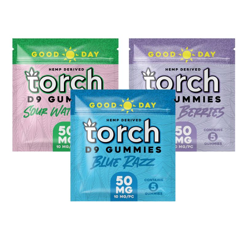 Three packs of Torch Good Day Delta 9 Gummies, available in Sour Watermelon, Blue Razz, and Berries flavors, each contain 50 mg of hemp-derived Delta 9 THC.