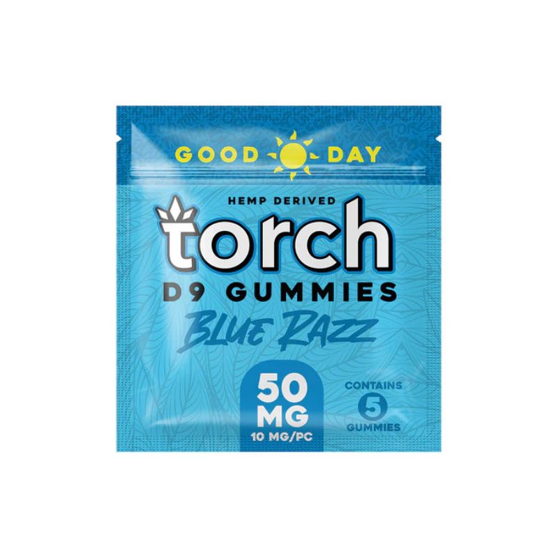 The blue packaging of Torch's Good Day Delta 9 Gummies highlights the Blue Razz flavor, featuring 50mg of hemp-derived Delta 9 THC. Each pack contains 5 sativa gummies, with each gummy providing a pleasing 10mg dose. Enjoy these tasty treats for a delightful experience.