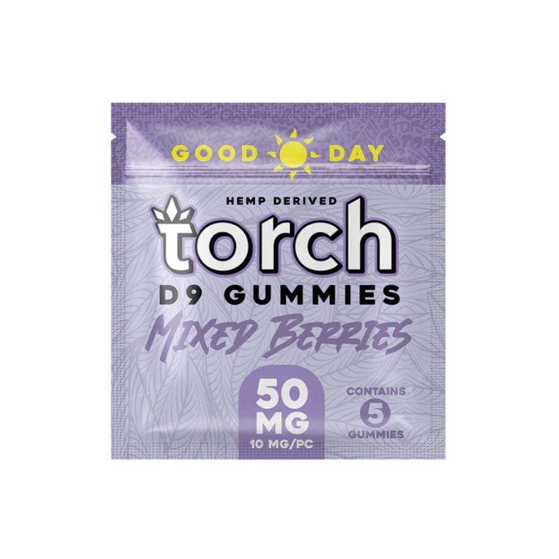 The Torch Good Day Delta 9 Gummies come in an eye-catching purple package labeled "Mixed Berries." This delightful product from the Torch brand offers five Sativa gummies, each containing 10mg of Delta 9 THC, making it perfect for a total of 50mg in the pack to enjoy a refreshing experience.