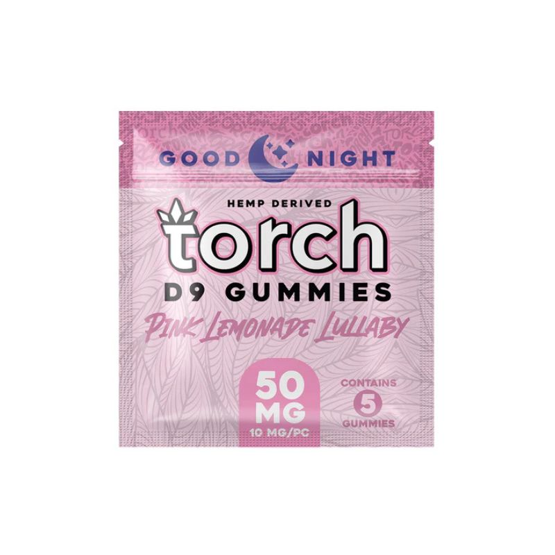 The packaging of the Torch Good Night Delta 9 Gummies, featuring a "Pink Lemonade Lullaby" design, includes 5 gummies with a total of 50 mg of Indica blend, providing 10 mg each to help you achieve a restful night's sleep.