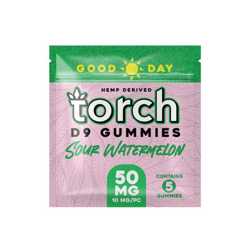 Introducing Torch Good Day Delta 9 Gummies by Torch: a delightful package of Delta 9 THC in sour watermelon flavor. Each green-and-pink pack contains 5 sativa gummies, delivering a total of 50 mg, with each gummy offering a precise 10 mg dose.