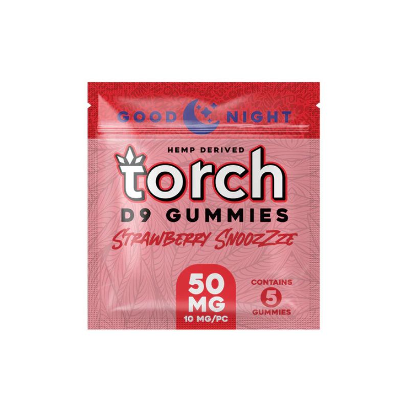 The Torch Good Night Delta 9 Gummies, in a red "Strawberry Snoozzze" package, offer an Indica Blend with 5 tasty THC gummies, each containing 10 mg for a total of 50 mg.