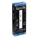 A **Torch THCA Pressure Blend Disposable | 3.5g** labeled "Blueberry Jam" in Sativa strain, with 3.5g weight and 800mg THC content, comes packaged in a sleek black and blue patterned box by **Torch**.