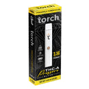 A rectangular black and yellow box labeled "Torch THCA Pressure Blend Disposable | 3.5g" contains a vape pen with the text "Pineapple Powerhouse" and "3.5G." The vape pen and packaging feature several icons and text about the THC-A blend product by Torch.