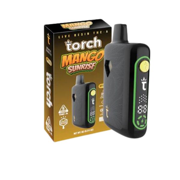 Image of a Torch Pulse THCA Live Resin Disposable vape device in the Mango Sunrise flavor, positioned in front of its packaging box. The device offers a 6g capacity and features live resin THC-A. The packaging showcases a yellow and brown design, displaying branding information and product details, emphasizing that it's a Torch x Pule THC-A Live Resin disposable with hemp-derived THC-A.