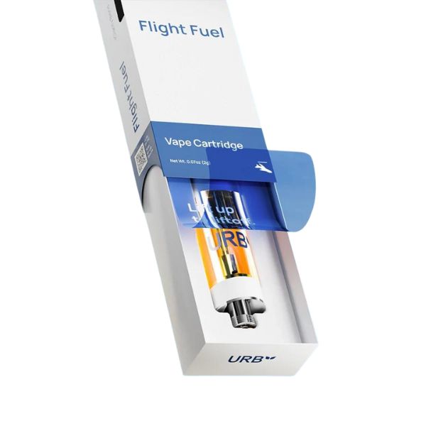 A vape cartridge labeled "Urb Flight Fuel Clarity Cartridge | 2g" by Urb, featuring Delta 8 Live Resin, comes in a sleek white and blue box with a partially transparent design to showcase the cartridge inside.