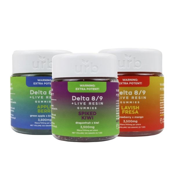 Three jars of Urb Delta 8/9 Gummies High Potency in different flavors: green apple & berry, dragonfruit & kiwi, and strawberry & mango. The label indicates they are extra potent High Potency Gummies containing a total of 3,500mg Delta 9 THC per jar.