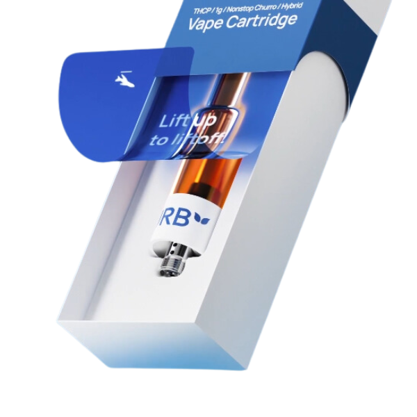 A vape cartridge is partially removed from its packaging, featuring the text "Lift up to Lift off" and branding with "Urb" and a bird icon. The packaging is labeled as "THCP / H Nonstop Churro Hybrid," presented as Urb Mile High Flight Fuel Cartridge | 1g.