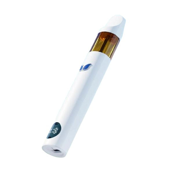 The Urb Aerovape 710 Clarity Disposable | 3g by Urb features a white design with a yellow transparent cartridge at the top, a blue logo, and an LED display near the bottom, providing a smooth Delta 8 experience.