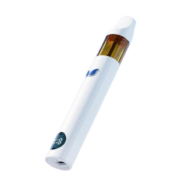 An Urb Aerovape 710 Euphoria Disposable in white, featuring a transparent brown section, a black button, and a small screen displaying "412," is shown against a plain white background.