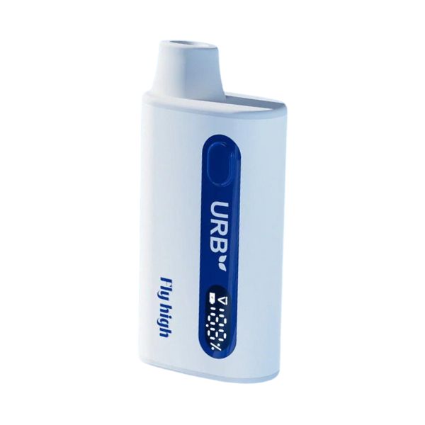 The Urb Mile High Aerovape 420 Max Disposable, a compact white inhaler device with a blue button and digital display, offers a discreet alternative to traditional disposable vapes.