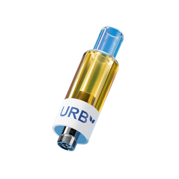 A cylindrical vape cartridge from Urb, featuring a clear mouthpiece, yellow liquid inside, and a white label with blue text reading "URB," delivering the smooth sensation of Delta 8 in its Mile High Flight Fuel Cartridge | 1g.