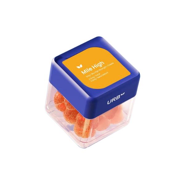 Clear plastic container with a blue lid labeled "Urb Mile High Skybites Gummies" containing orange spherical candy. The lid also displays a butterfly logo and the text "25mg Hemp-derived THC and Nano Delta-9 THC.