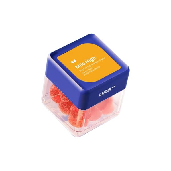 A clear plastic container with a blue lid, labeled "Urb Mile High Skybites Gummies" and "Urb," contains red gummy candies infused with Nano Delta-9 THC.