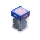 A clear square container with a blue lid labeled "Urb" and "Red Eye Skybites Gummies," filled with black round-shaped Delta-8 THC gummies, which are vegan, gluten-free, and non-GMO.