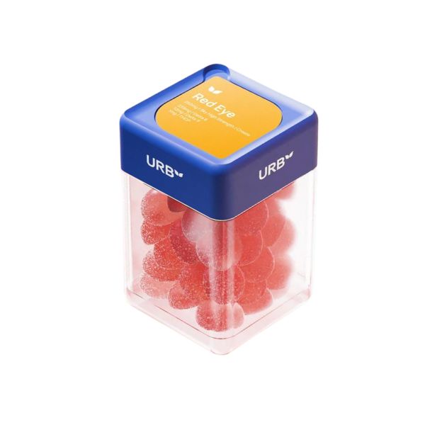 A clear plastic container with a blue lid, labeled "Urb" at the top, contains red, round THCP gummies. An orange label on the lid reads "Red Eye." These Urb Red Eye Skybites Gummies are vegan, gluten-free, and non-GMO treats that offer a delightful experience.