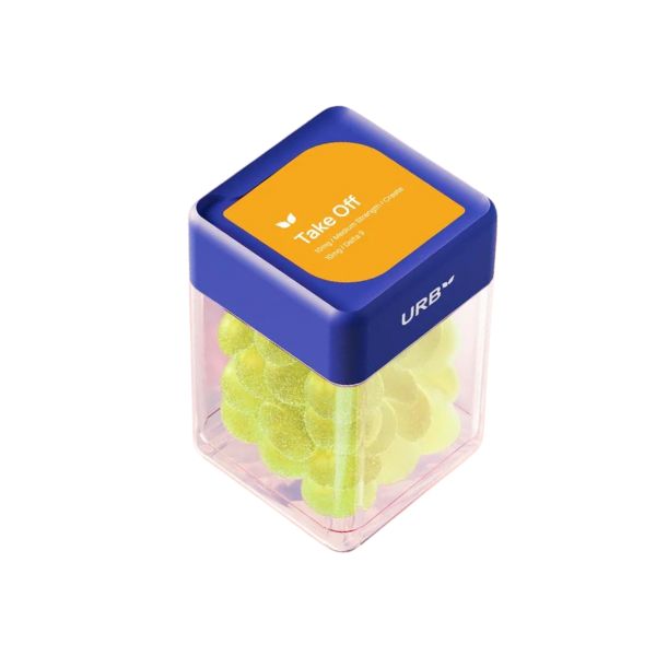 A clear container with a blue lid and an orange label contains lime-flavored, vegan gummies. The label reads "Urb Take Off Skybites Gummies." These treats are infused with hemp-derived THC for a unique experience.