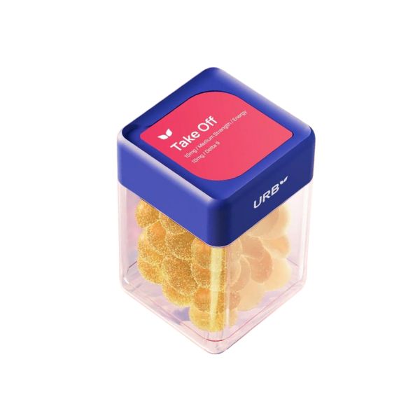 A clear plastic container with a blue lid and a pink label, holding yellow vegan gummies. The label reads "Urb Take Off Skybites Gummies" and "Delta 8 THC Gummies, Flavor: Peach." The brand name "Urb" is prominently displayed on the container, featuring hemp-derived THC.