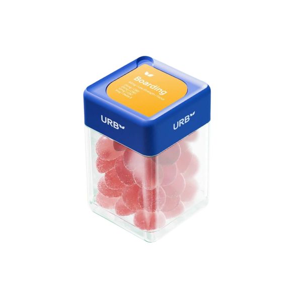 A clear container with a blue lid labeled "Urb" holds red, Delta 9 THC-infused gummy candies called Urb Boarding Skybites Delta 9 Gummies. The lid features an orange label with product details.