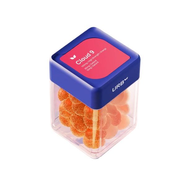 A clear plastic container with a blue lid labeled "Urb Cloud 9 Skybites Gummies" contains Delta-8 orange gummy candies.