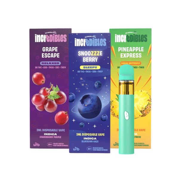 Three boxes of disposable vape pens are shown: "Grape Escape," "Snoozzze Berry," and "Pineapple Express." Each box, featuring colorful graphics, proudly displays the collaboration between Urb x Incredibles. A teal Urb x Incredibles Disposable Vape | 3g stands in front, offering a rich blend of cannabinoids and terpenes.